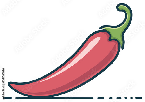 Red chili pepper, vibrant flat vector illustration with green stem and highlights.