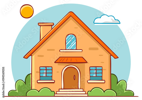 Charming cartoon style house with sunny sky and fluffy clouds and green bushes surrounding it