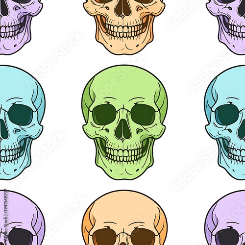Seamless repeat pattern of brightly colored stylized skull illustrations on a clean white background