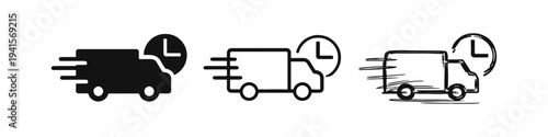 Fast Delivery Truck Icon Set. Express Shipping Service with Clock Symbol in Solid, Outline and Hand-Drawn Styles.