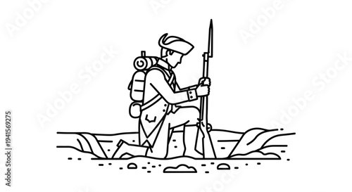Revolutionary War Soldier Kneeling with Musket and Backpack, Line Art