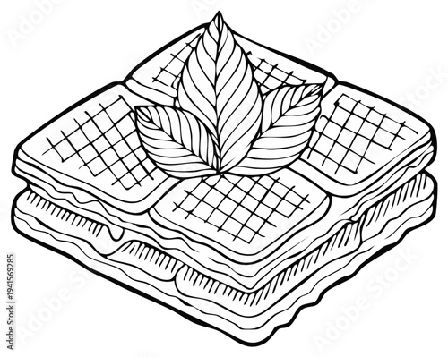 Hand drawn dessert layered with cream and garnished with fresh leaves in black and white sketch