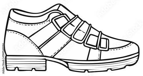 Outline sketch of a casual low-cut shoe with multiple adjustable straps and a thick sole
