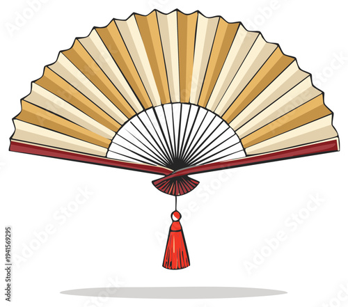 Elegant Hand Fan with Red Tassel for Decoration or Cultural Performance, Stylish Design