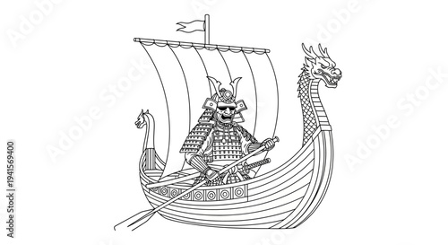 Samurai Warrior on Viking Ship with Dragon Head, Historical Fusion Art