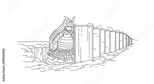 Samurai Warrior Standing Guard Behind Row of Shields, Ancient Japanese Warrior Concept