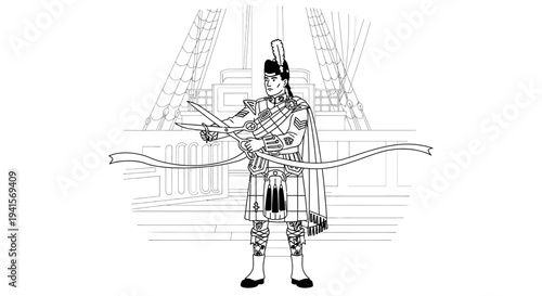 Scottish Bagpiper in Traditional Dress Playing Bagpipes on a Ship Deck