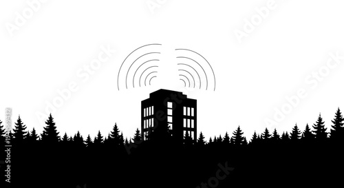 Silhouette of a building emitting radio waves over a forest, broadcasting concept
