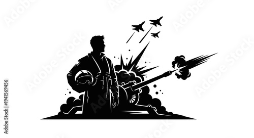 Silhouette of a fighter pilot with jets and explosion in the background, symbolizing air combat and aviation.