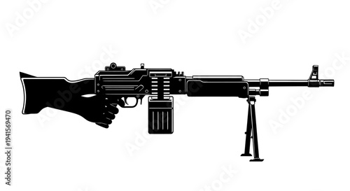 Silhouette of a Machine Gun with Bipod and Magazine, Held by a Hand