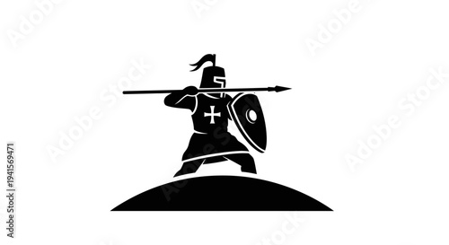 Silhouette of a Knight in Armor with Shield and Spear on a Hilltop