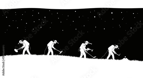 Silhouette of a man metal detecting at night under starry sky