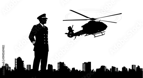 Silhouette of a military officer overlooking a city with a helicopter flying in the sky.