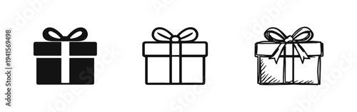 Gift Box with Bow Icon Set. Present or Special Offer Symbol in Solid, Outline and Hand-Drawn Styles.