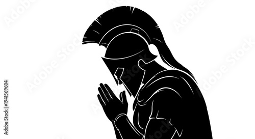 Silhouette of a Spartan warrior in prayer or contemplation, black and white
