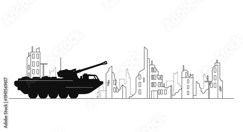 Silhouette of a tank in a ruined city, symbolizing war and destruction.