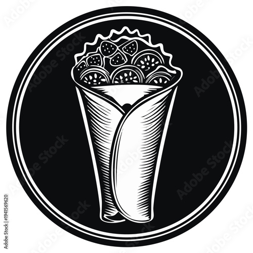 Monochrome Illustration of Wrapped Sandwich with Tomatoes and Lettuce Inside a Circle