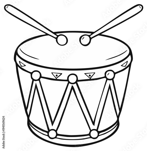Illustration of a line art drum with drumsticks, hand-drawn style, and musical instrument in black and white. The design is simple.