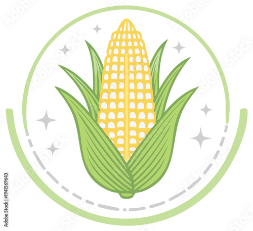 Fresh Yellow Corn Ear Icon with Green Husks and Sparkles in Circle