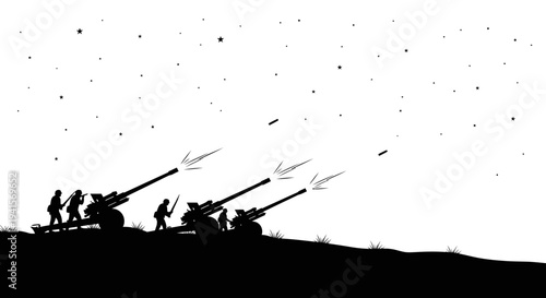 Silhouette of Anti-Aircraft Artillery Crew Firing at Night Sky with Stars