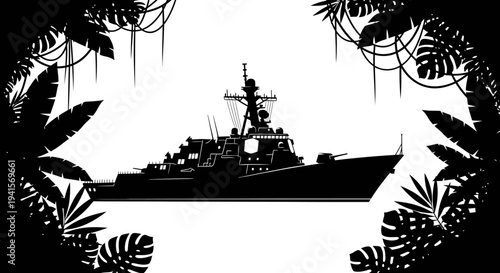 Silhouette of a Warship in a Jungle Frame