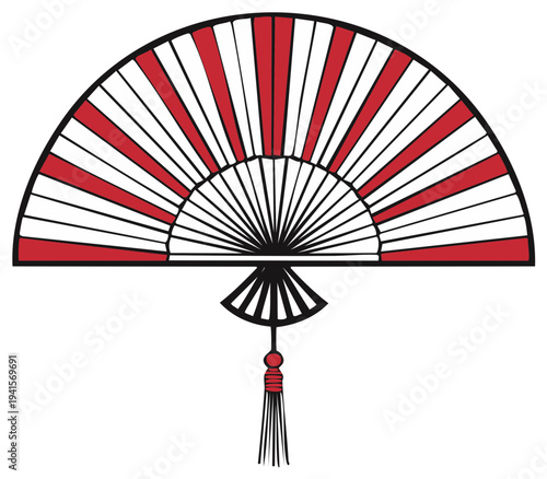 Elegant hand fan icon with red and white stripes and tassel Asian Oriental culture tradition art illustration vector