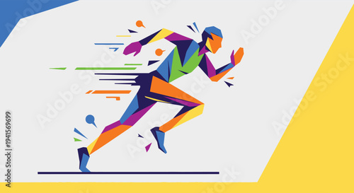 A dynamic colorful illustration depicts a running man in a polygonal style showcasing energy and movement a striking silhouette