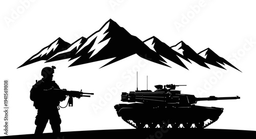 Silhouette of Soldier and Tank Against Mountain Range