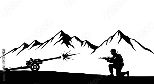 Silhouette of Soldier Firing Artillery Gun in Mountains