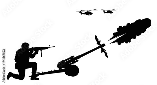 Silhouette of Soldier Firing Artillery Gun with Helicopters in Sky