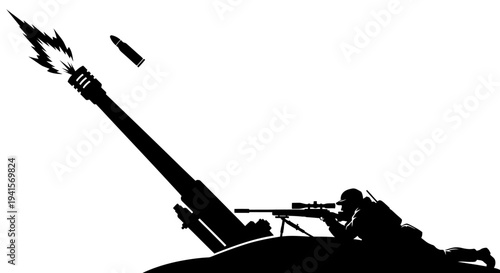 Silhouette of Soldier Firing Artillery Cannon with Bullet in Air