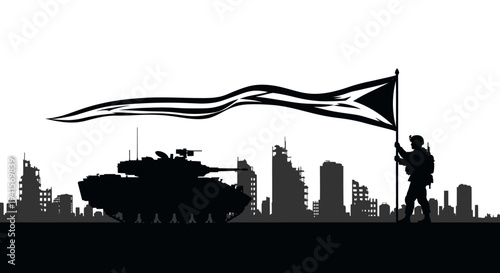 Silhouette of soldier holding flag with tank and destroyed city background