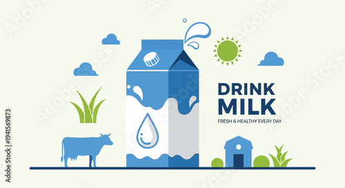 A colorful illustration promotes milk consumption with a carton cow and landscape presented in silhouette high quality professional detailed modern elegant