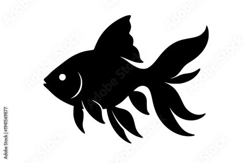 Black goldfish silhouette swimming isolated on white background