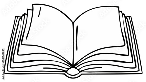 Open book illustration, pages fanning out, simple line drawing, blank pages for text or design