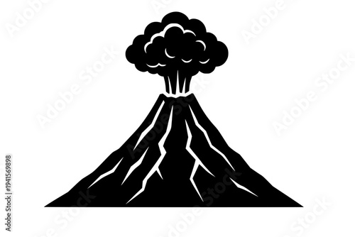 Erupting volcano with smoke and cracks, black silhouette on white background