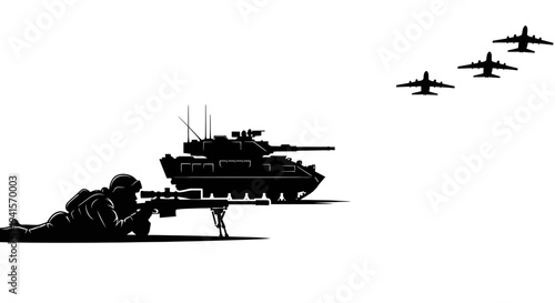 Silhouette of Soldier with Sniper Rifle, Tank, and Fighter Jets in Formation