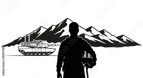 Silhouette of Soldier with Tank and Mountains Background, Military Concept