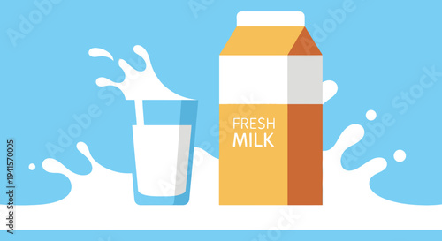 A vibrant illustration depicts a milk carton and splashing glass creating a refreshing scene presented as a silhouette high quality professional
