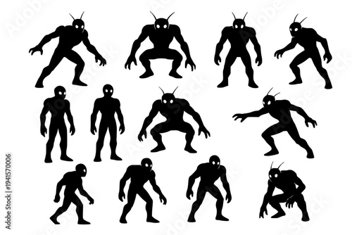 Black silhouettes of muscular alien creatures with antennae, various poses, white background