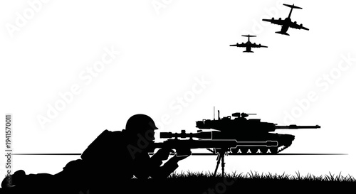 Silhouette of soldier with sniper rifle, tank, and military aircraft in sky