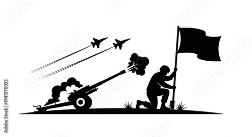 Silhouette of Soldier, Artillery, and Fighter Jets in Dramatic Military Scene