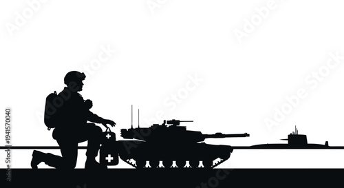 Silhouette of Soldier, Tank, and Submarine on White Background - Military Power Concept
