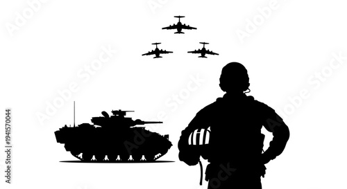 Silhouette of Soldier, Tank, and Airplanes - Military Power and Readiness
