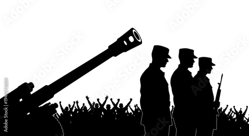 Silhouette of Soldiers and Cannon in Front of Crowd