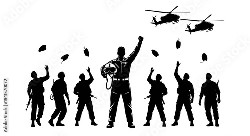 Silhouette of soldiers celebrating victory with helicopters flying overhead