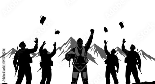 Silhouette of Soldiers Celebrating Victory with Mountains Background