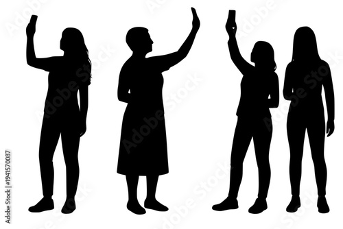 Silhouettes of people taking selfies with smartphones