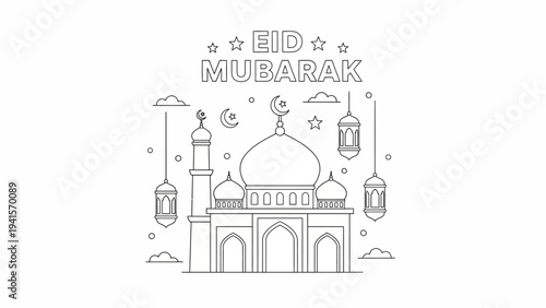 Eid Mubarak mosque illustration with lanterns and stars on a festive occasion