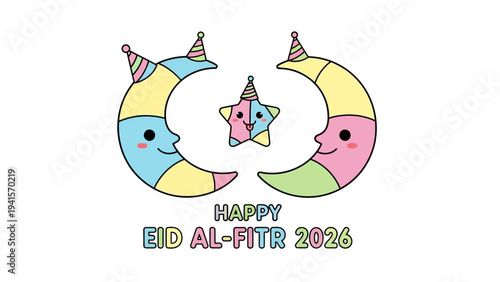 Happy Eid Al-Fitr 2026 Greeting with Cute Moon and Star Illustration
